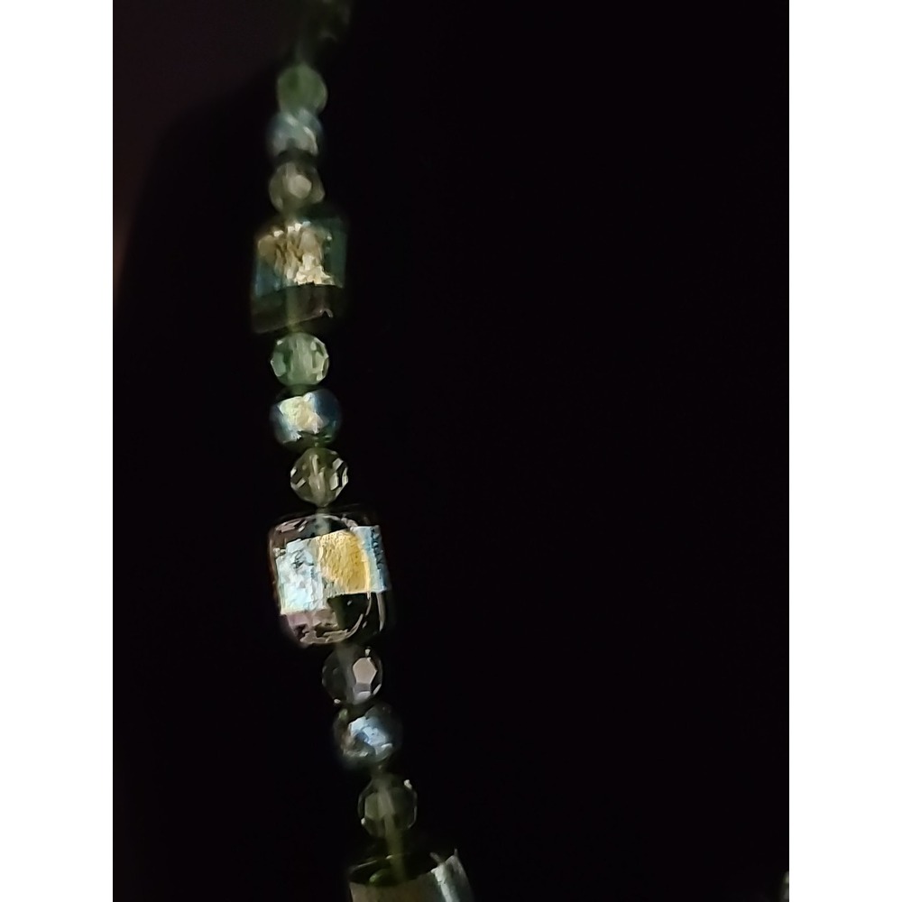 Vintage Handcrafted Art Glass Beaded Necklace Green, Blue, Metallic Foil 21" - Picture 9 of 16